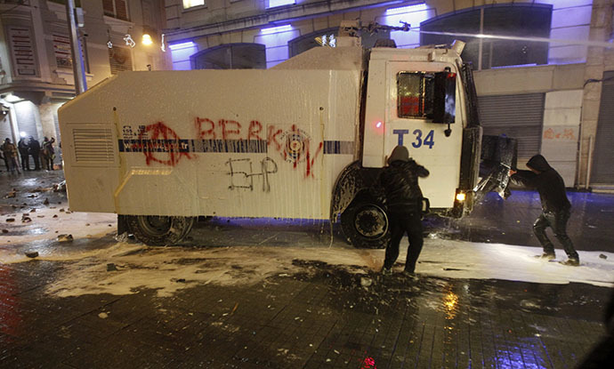 Riot police use water cannons to disperse demonstrators during a protest against internet censorship in Istanbul February 8, 2014. (Reuters / Osman Orsal)