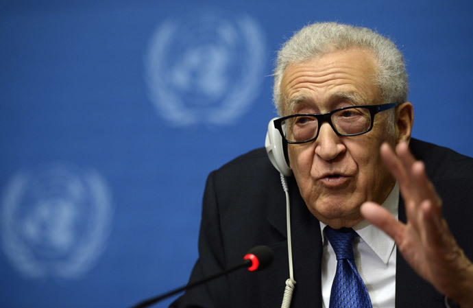 UN mediator Lakhdar Brahimi gestures as he talks during a press conference on the Syrian peace talks at the United Nations headquarters in Geneva on February 15, 2014. (AFP Photo / Philippe Desmazes) 