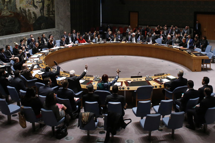 The United Nations Security Council votes on resolution on humanitarian aid for Syria at U.N. headquarters in New York, February 22, 2014. (Reuters/Mohammed Abdullah)