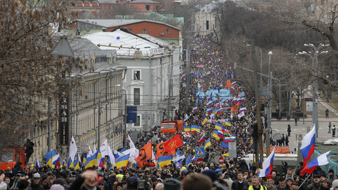People take part in an anti-war procession and a rally in Moscow, March 15, 2014. (Reuters/Maxim Shemetov)