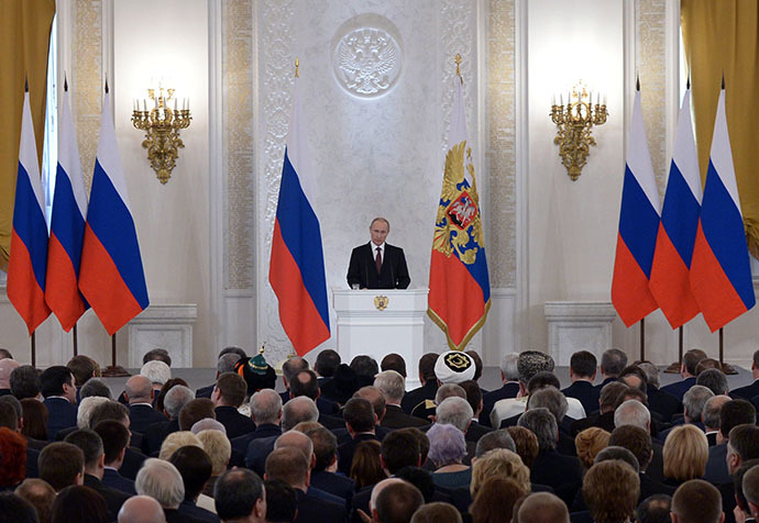 President Vladimir Putin making statement before the assembly of Duma deputies, Federation Council members, the heads of the Russian regions and representatives of civil society. His speech concerned an appeal by the Republic of Crimea and the city of Sevastopol to integrate them with the Russian Federation, March 18, 2014. (RIA Novosti / Aleksey Nikolskyi)