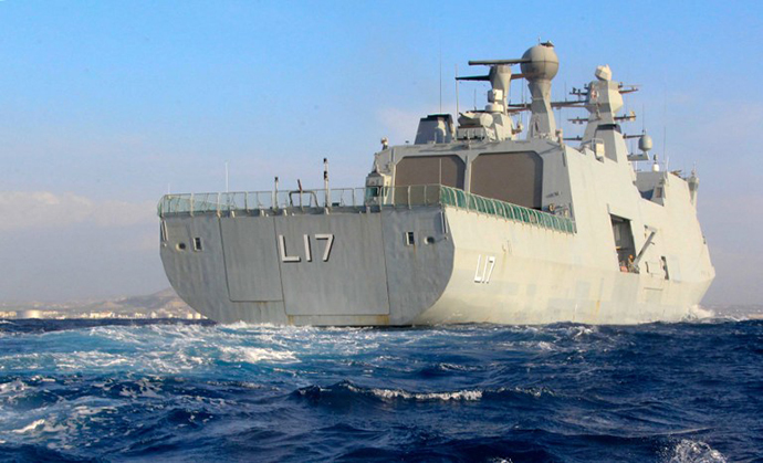 A handout picture released by the Cypriot Press and Information Office (PIO) shows the Danish support vessel L17 "Esbern Snare", one of the vessels deployed to bring SyriaÃs chemical agents to destruction, on February 3, 2014, outside the southern Cypriot coastal town of Larnaca. (AFP Photo)