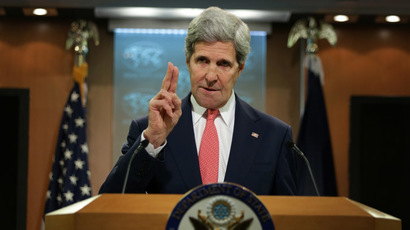 U.S. Secretary of State John Kerry makes a statement on Ukraine at the briefing room of the State Department April 24, 2014 in Washington, DC. (Alex Wong/Getty Images/AFP)