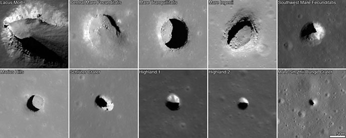 These images from NASA's LRO spacecraft show all of the known mare pits and highland pits. Each image is 222 meters (about 728 feet) wide. (Image Credit: NASA/GSFC/Arizona State University)