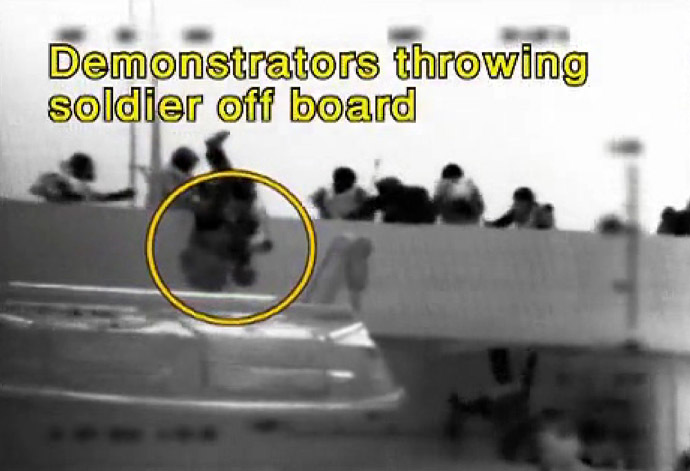 An image grab taken from a video released by the Israeli navy shows, according to the Israeli military, passengers of Turkish aid ship Mavi Marmara, one of the ships in the "Freedom Flotilla", throwing an Israeli soldier off board on May 31, 2010 during a pre-dawn assault in international waters which killed several pro-Palestinian activists and sparked global outrage, plunging the Jewish state into a diplomatic crisis. (AFP/IDF)