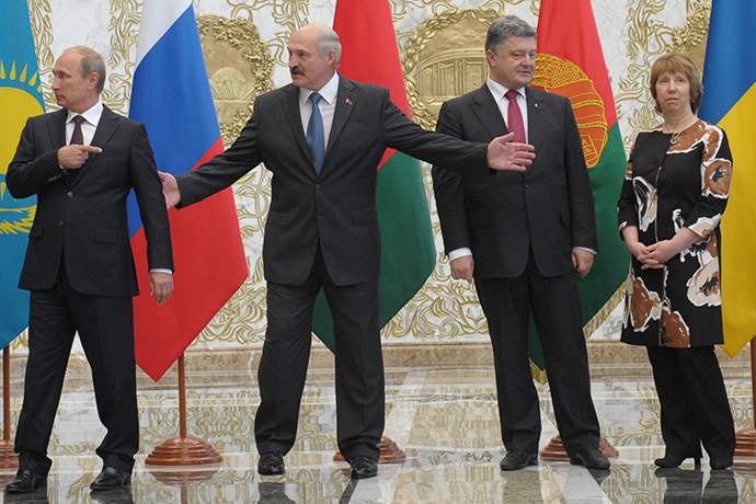 August 26, 2014. President of Russia Vladimir Putin, President of Belarus Alexander Lukashenko, President of Ukraine Petro Poroshenko and EU High Commissioner for Foreign Affairs and Security Policy Catherine Ashton (from left to right) being photographed before the beginning of the meeting of the presidents of the Customs Union countries with the Ukrainian president and representatives of the European Commission (RIA Novosti / Alexey Druzhinin)