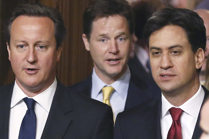 Britain's Prime Minister David Cameron, deputy Prime Minister Nick Clegg and leader of the Labour Party, Ed Miliband. (Reuters/Dan Kitwood)