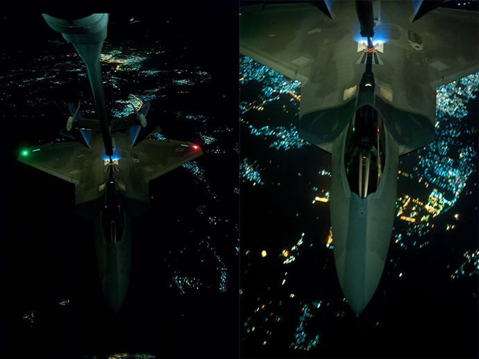 A U.S Air Force KC-10 Extender refuels an F-22 Raptor fighter aircraft prior to strike operations in Syria, Sept. 26, 2014. These aircraft were part of a strike package that was engaging ISIL targets in Syria. (U.S. Air Force photo by Tech. Sgt. Russ Scalf)