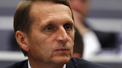 Russia's Speaker of the State Duma Sergei Naryshkin pauses before the opening session at the OSCE Parliamentary Assembly Autumn meeting in Geneva October 3, 2014. (Reuters/Denis Balibouse)