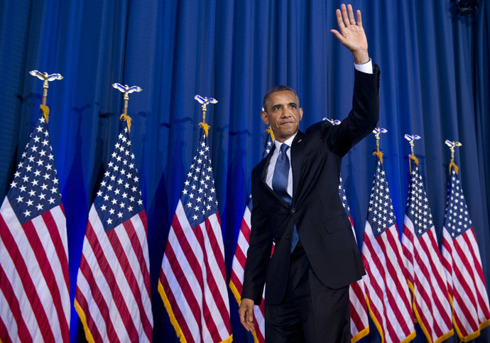 US President Barack Obama waves after speaking about his administration's drone and counterterrorism policies, as well as the military prison at Guantanamo Bay, at the National Defense University in Washington, DC (AFP Photo / Saul Loeb)