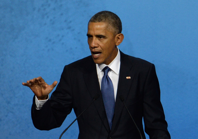 US President Barack Obama speaks at the APEC CEO Summit at the China National Convention Centre (CNCC) in Beijing on November 10, 2014. (AFP Photo / Pool / Wang Zhao)