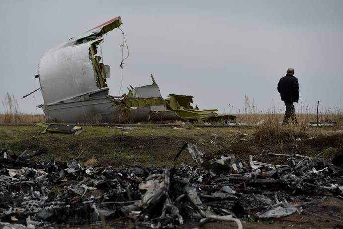 A man on the crash site of the MH 17 Malaysian Boeing that was en route from Amsterdam to Kuala Lumpur. (RIA Novosti / Alexey Kudenko)
