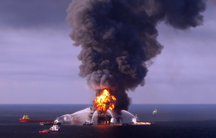 ARCHIVE PHOTO: A file photo taken on on April 21, 2010 shows a US Coast Guard handout image of fire boat response crews as they battle the blazing remnants of the BP operated off shore oil rig, Deepwater Horizon, in the Gulf of Mexico. (AFP Photo / US Coast Guard)