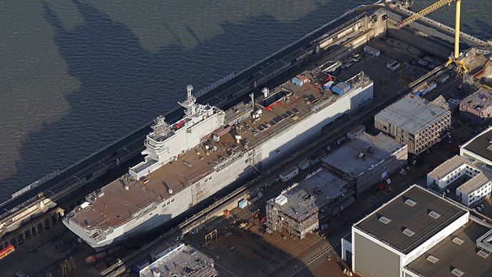 An aerial view shows the Mistral-class helicopter carrier Sevastopol at the STX Les Chantiers de l'Atlantique shipyard site in Saint-Nazaire, western France, September 22, 2014. (Reuters/Stephane Mahe)