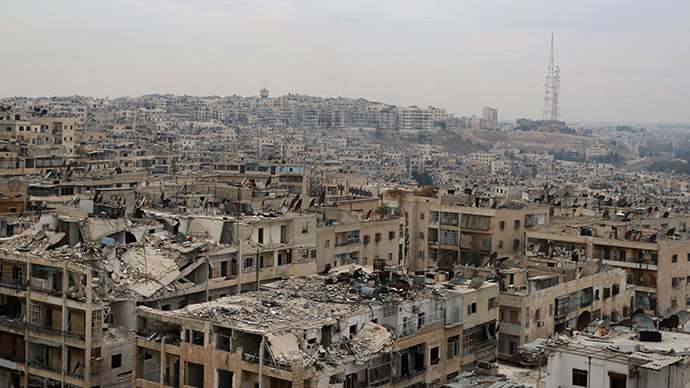A picture taken on November 24, 2014, shows damaged buildings in the rebel-held Ansari disctrict of the northern Syrian city of Aleppo. (AFP Photo/Baraa Al-Halabi)