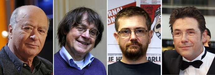 (from L) Georges Wolinski, Jean Cabut, aka Cabu, Charb and Tignous (AFP Photo / Guillaume Baptiste / Bertrand Guay / Francois Guillot / Francois Guillot)