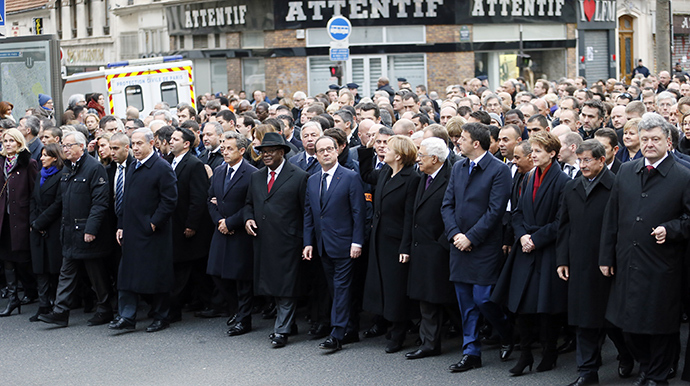 A Unity rally âMarche Republicaineâ in Paris on January 11, 2015 in tribute to the 17 victims of a three-day killing spree by homegrown Islamists (AFP Photo / Patrick Kovaric)