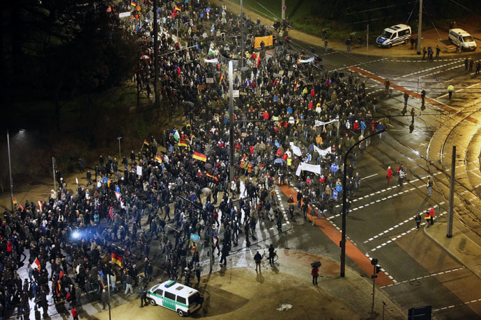 Participants take part in a demonstration called by anti-immigration group PEGIDA, a German abbreviation for "Patriotic Europeans against the Islamization of the West", in Dresden January 5, 2015. (Reuters/Fabrizio Bensch)