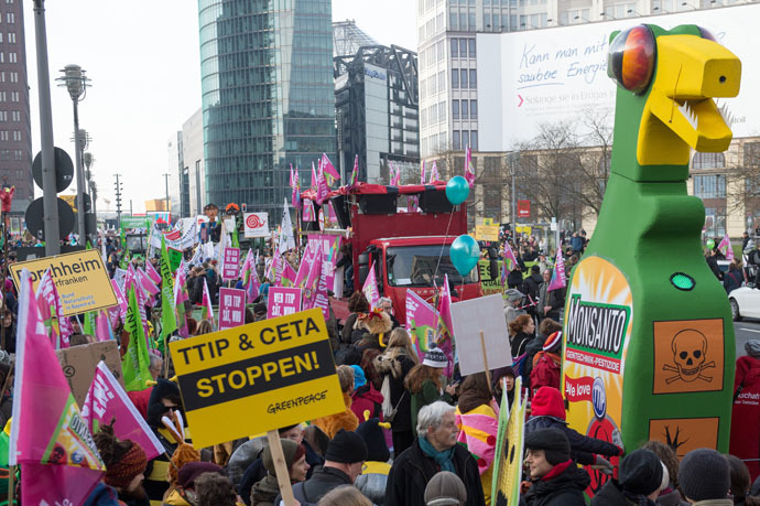 Protestors take part in a demonstration against the TTIP (Transatlantic Trade and Investment Pact) in Berlin, on January 17, 2015. (AFP/DPA)