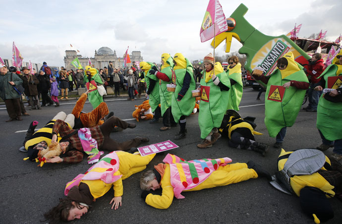 German farmers and consumer rights activists perform as the take part in a march to protest against the Transatlantic Trade and Investment Partnership (TTIP), mass husbandry and genetic engineering in front of the Reichtsgas building Berlin, January 17, 2015. (Reuters/Fabrizio Bensch)