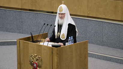 Patriarch Kirill of Moscow and All Russia gives a speech in the Russian State Duma (RIA Novosti / Maksim Blinov)
