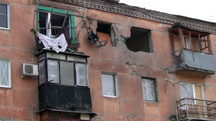 House damaged in artillery fire in Gorlovka, eastern Ukraine. Screenshot from RT video