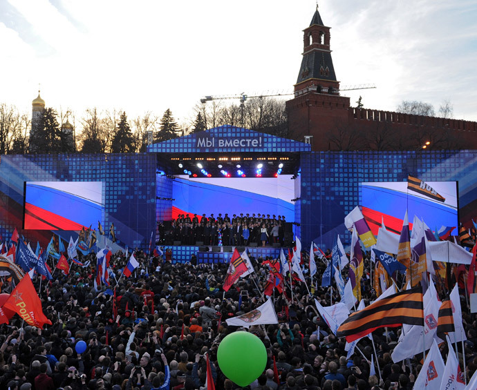 Russian President Vladimir Putin speaks at the rally and concert We Are Together staged at Vasilyevsky Slope to mark the first anniversary of Crimea's reunification with Russia, March 18, 2015. (RIA Novosti / Michael Klimentyev)