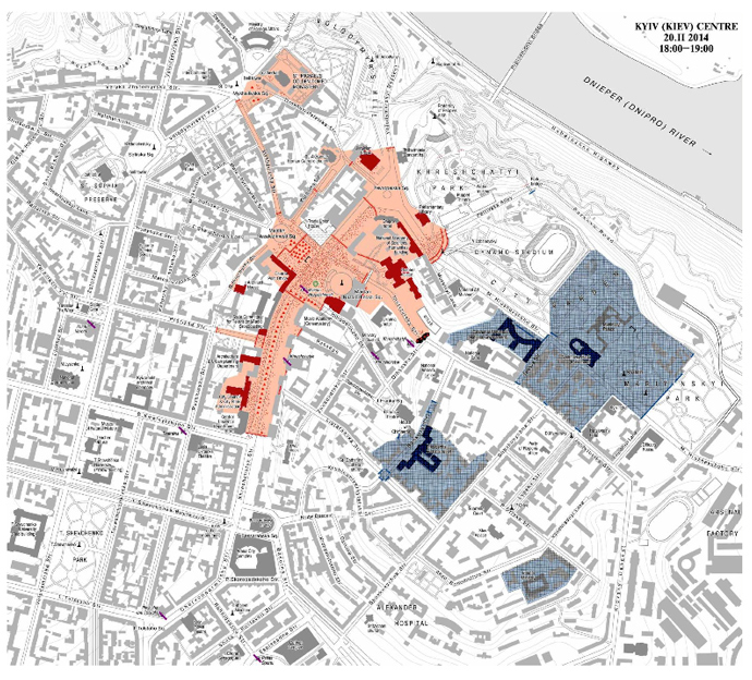 Map indicating the position of protesters and law enforcement forces18-20 February (from rm.coe.int)