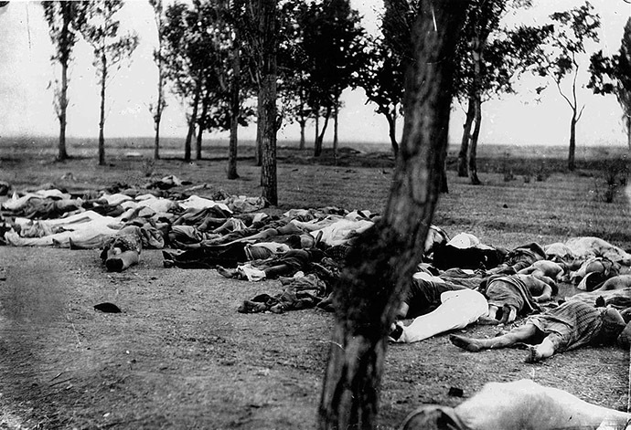 Of this photo, the United States ambassador wrote, "Scenes like this were common all over the Armenian provinces, in the spring and summer months of 1915. Death in its several formsâmassacre, starvation, exhaustionâdestroyed the larger part of the refugees. The Turkish policy was that of extermination under the guise of deportation" (Image from Wikipedia)