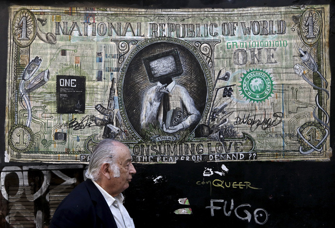 Graffiti illustrating a modified dollar banknote in Athens (Reuters / Alkis Konstantinidis)