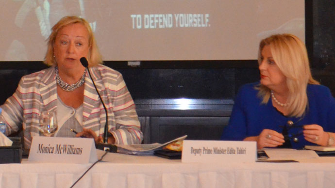 Monica McWilliams, founder of the Northern Ireland Womenâs Coalition (left) and Deputy Prime Minister of Kosovo Edita Tahiri (right) share their experiences with participants of a conference in Doha, Qatar, where Charter of the Syrian Womenâs Network was adopted by a diverse group of Syrian women representing the leading opposition movements in the country.(Photo from wdn.org)