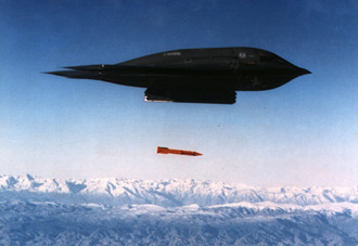 A B-2A bomber releases a test version of the new B61-11 gravity bomb over the Tonopah Test Range in Nevada, November 20, 1996