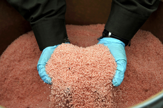 Part of one ton of ANFO (Ammonium Nitrate-Fuel Oil) explosive (AFP Photo / Luis Robayo)