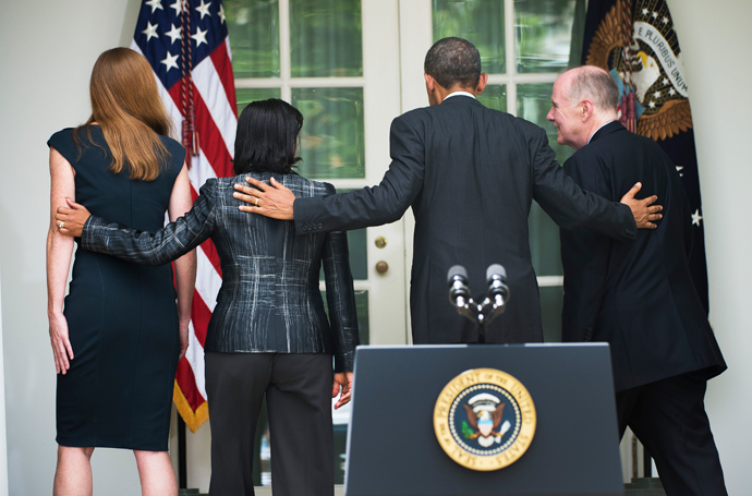 US President Barack Obama (2nd R) walks away with newly appointed National Security Advisor Susan Rice (2nd L), outgoing National Security Advisor Tom Donilon (R) and Obama's nominee for US Ambassador to the United Nations former aide Samantha Power (L) after an event in the Rose Garden at the White House in Washington, DC, June 5, 2013 (AFP Photo / Jim Watson)
