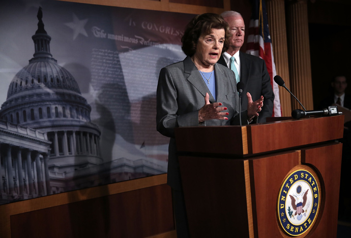 Chairman and Vice Chairman of the U.S. Senate Select Committee on Intelligence, Sen. Dianne Feinstein (D-CA) (L) and U.S. Sen. Saxby Chambliss (R-GA) (R), speak to members of the media about the National Security Agency (NSA) collevting phone records June 6, 2013 on Capitol Hill in Washington, DC (Alex Wong / Getty Images / AFP)