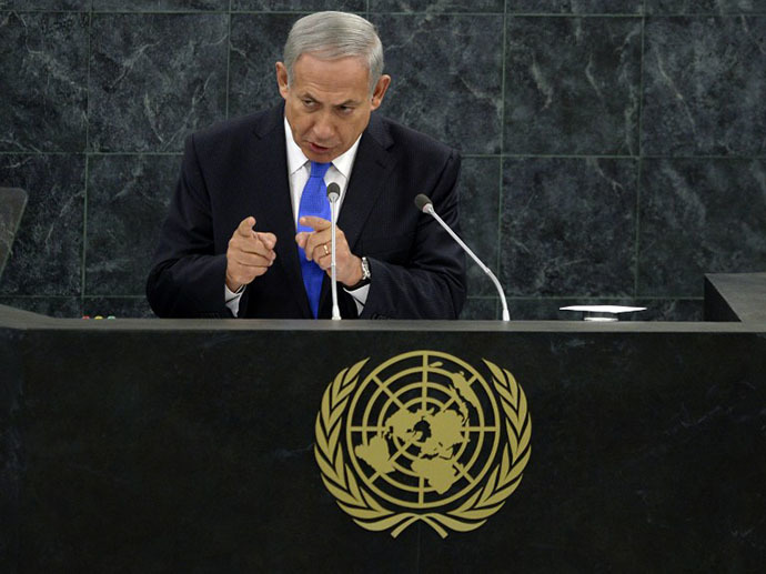 Benjamin Netanyahu Prime Minister of Israel speaks during the 68th session of the United Nations General Assembly at the United Nations in New York on October 1, 2013. (AFP Photo / Timothy Clary)