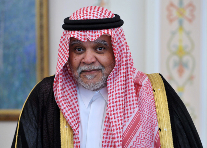 Saudi Prince Bandar bin Sultan bin Abdulaziz, Chief of General Intelligence and Secretary-General of the National Security Council of Saudi Arabia, during a meeting in Novo-Ogaryovo residence with Russian President Vladimir Putin, 31 July 2013. (RIA Novosti/Aleksey Nikolskyi)