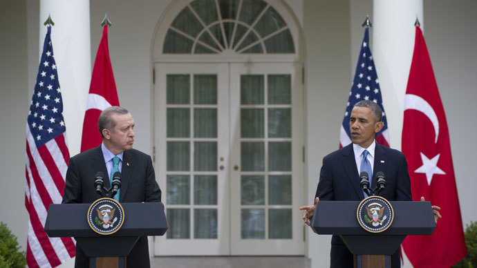 US President Barack Obama and Turkish Prime Minister Recep Erdogan hold a joint press conference in the Rose Garden of the White House in Washington, DC, May 16, 2013. AFP PHOTO / Saul LOEB
