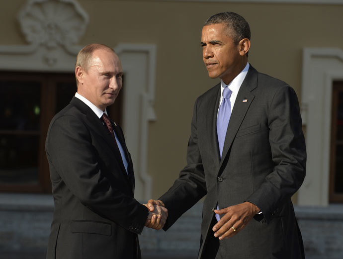 Russiaâs President Vladimir Putin welcomes US President Barack Obama at the start of the G20 summit on September 5, 2013 in Saint Petersburg.(AFP Photo / Eric Feferberg)