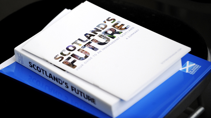 A picture shows Scotland's independence plan during a press conference to launch the regional government's long-awaited "white paper" ahead of next year's historic independence referendum, at Glasgow Science Centre in Glasgow, Scotland, on November 26, 2013 (AFP Photo / Andy Buchanan)