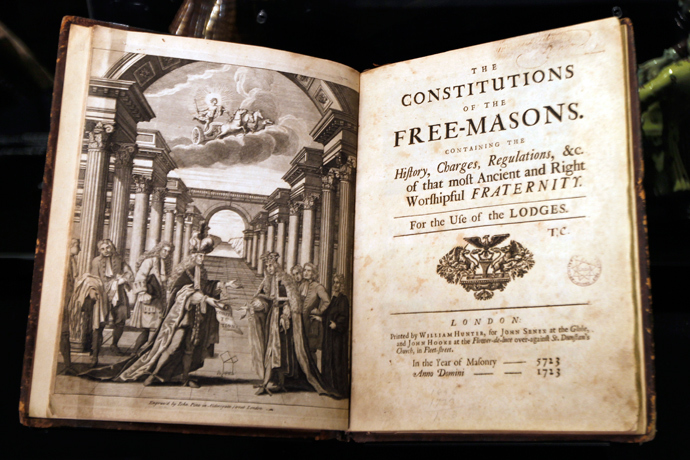 The Freemason book of reference is displayed in the Museum of Freemasonry in Paris February 9, 2010, two days before it reopens to the public. (Reuters / Charles Platiau)