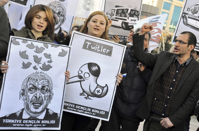 Demonstrators, members of the Turkish Youth Union, shout anti-government slogans during a protest against a Twitter ban, in Ankara March 21, 2014. (Reuters)