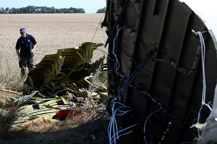 A member of a group of international experts inspects wreckage at the site where the downed Malaysia Airlines flight MH17 crashed, near the village of Hrabove (Grabovo) in Donetsk region (Reuters / Sergey Karpukhin)