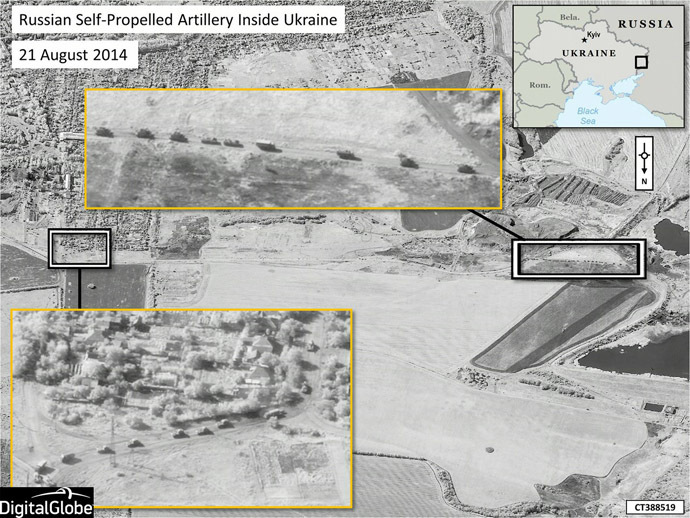 A handout photo provided on August 28, 2014 by DigitalGlobe via NATO allegedly shows Russian military units moving in a convoy formation with self-propelled artillery in the area of Krasnodon, Ukraine. A senior NATO official said on August 28, 2014 that "well over a thousand" Russian troops were operating inside Ukraine. (AFP Photo)