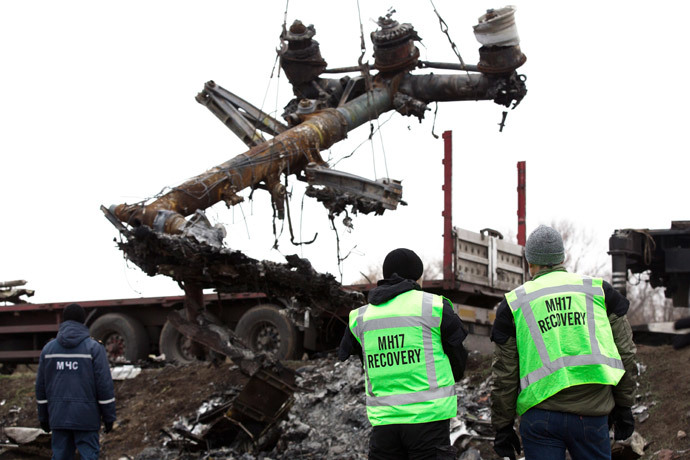 Members of the Dutch expert team watch as parts of the wreckage of the Malaysia Airlines Flight MH17 are removed and loaded on a truck at the crash site near the village of Grabove in eastern Ukraine, on November 16 2014.(AFP Photo / Menahem Kahana)