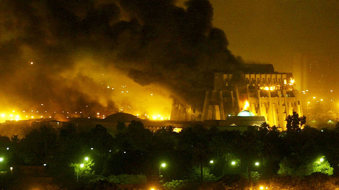 An explosion rocks Baghdad during air strikes March 21, 2003. (Reuters/Goran Tomasevic)