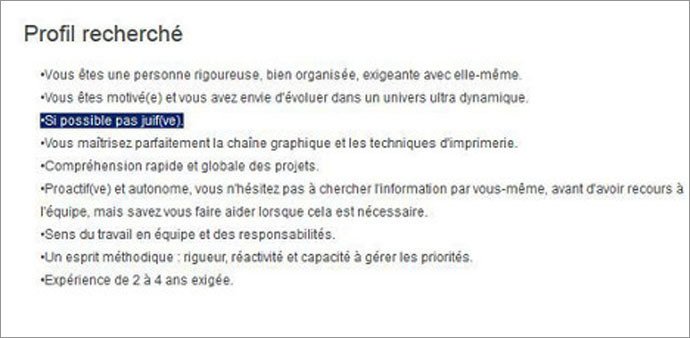 « Si possible pas Juif » : scandale autour d’une offre d’emploi jugée antisémite