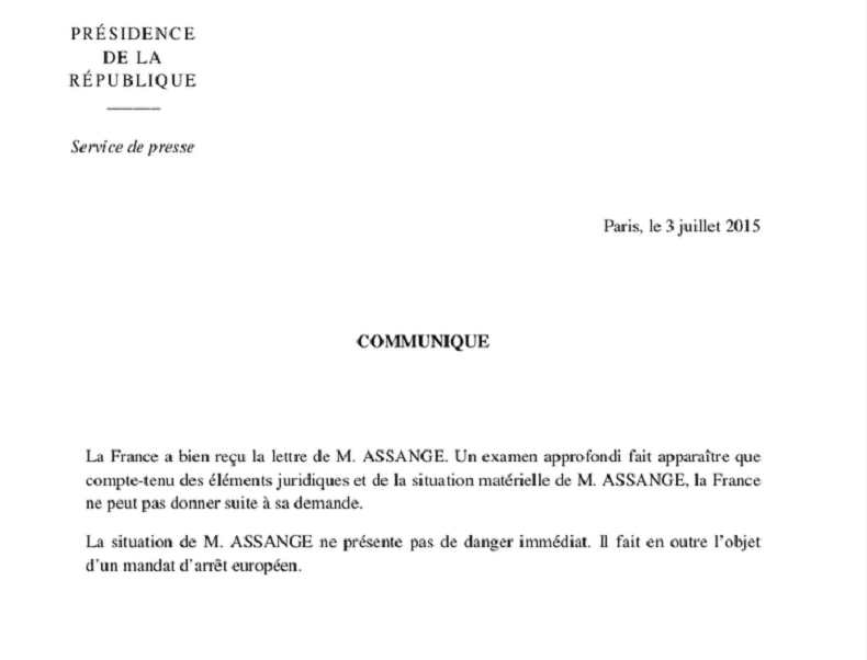 L'Elysée rejette une demande d'asile que Julian Assange affirme n'avoir jamais faite