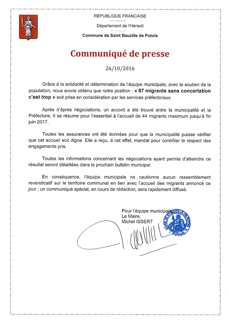 Le maire qui s'est érigé contre l'accueil des migrants dans sa commune a obtenu gain de cause