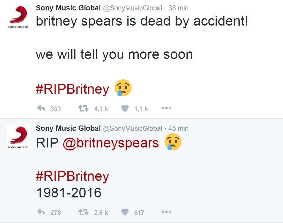Britney Spears décédée ? Le compte Twitter de Sony se fait pirater et la toile s'enflamme...